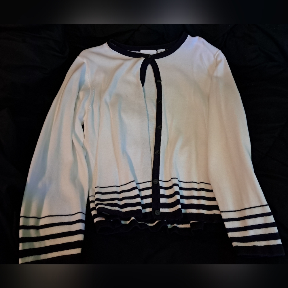Croft and Barrow White Cardigan Women's XL with Black Striped Trim